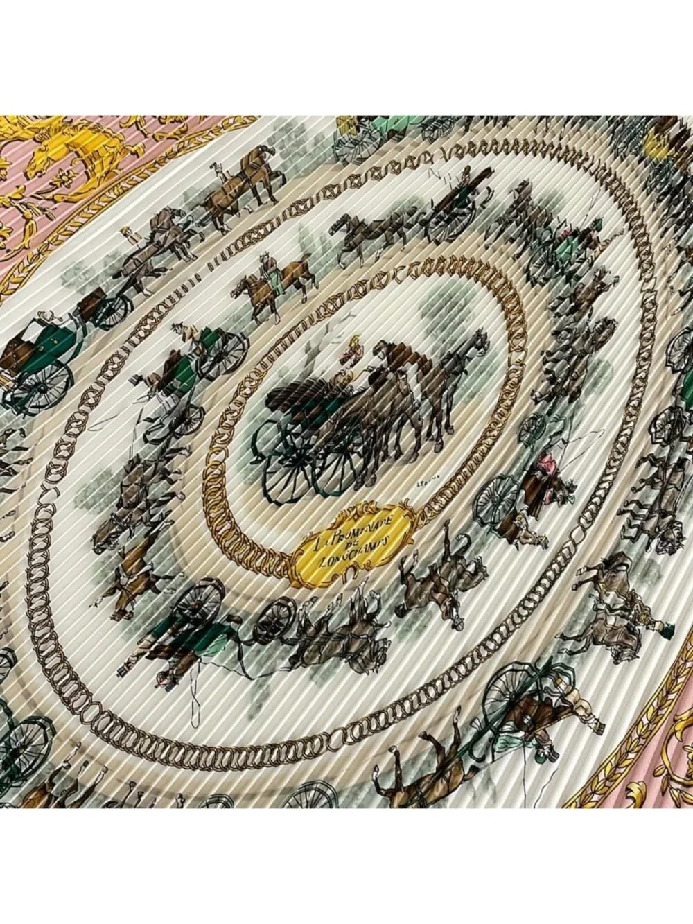 Hermes Scarf Carre Plisse Pink White Multi la Promenade de Longchamps Pleats